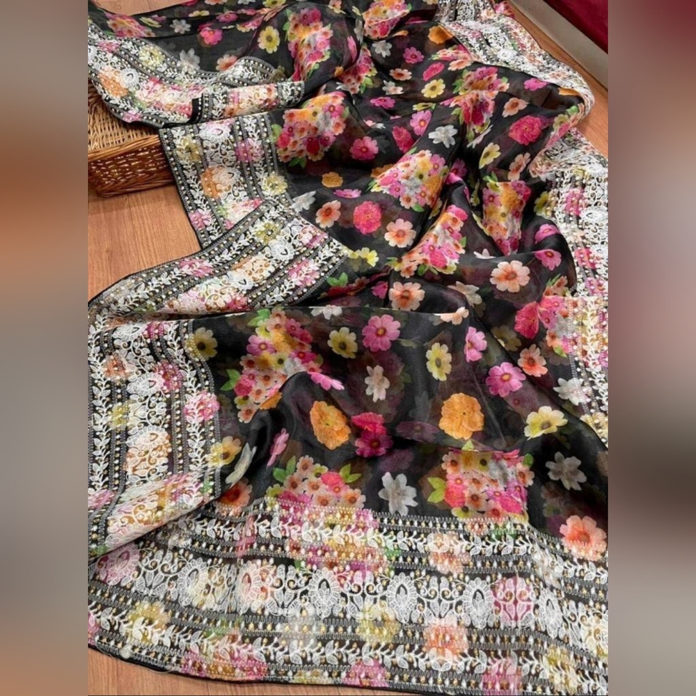 Floral organza saree with embroidered border